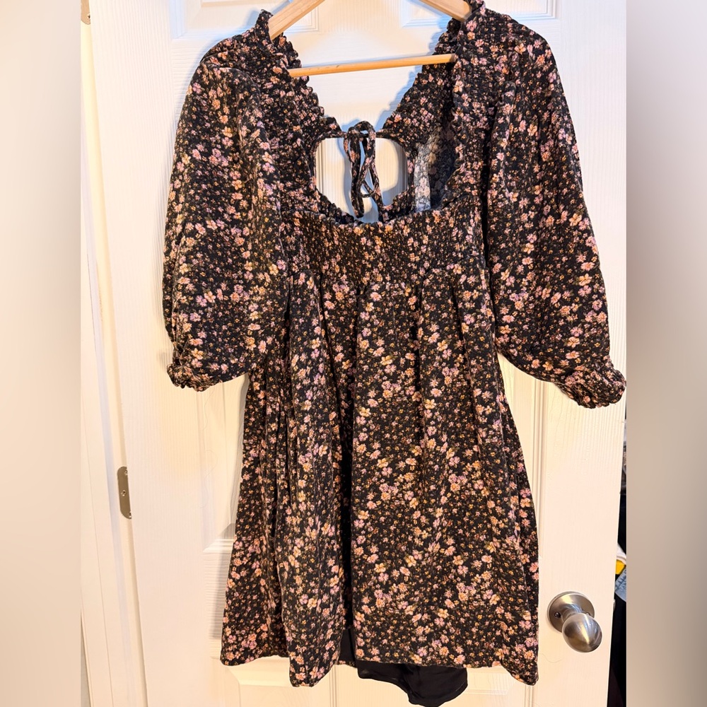 Free People Black Floral Mini Dress with Pink & Cream Flowers
